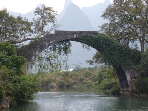 Puente de piedra de Yulong cubierto de vegetación