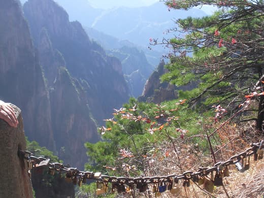 Sendero tallado en la pared del cañón con barandilla
